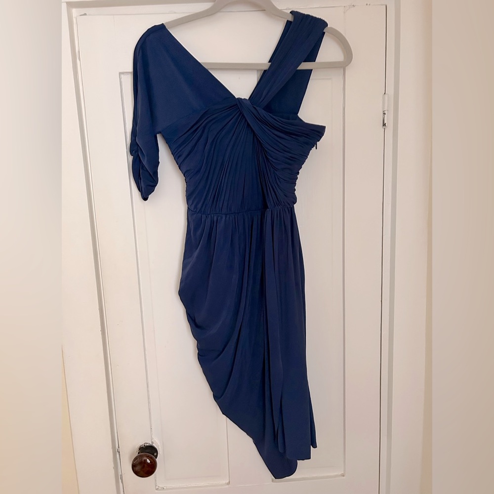 BCBG Royal blue one shoulder side zipper asymmetric hemline fully lined dress